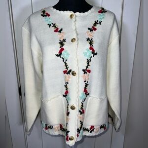 Vintage Floral Embroidered Cream Cardigan with Gold Tone Buttons